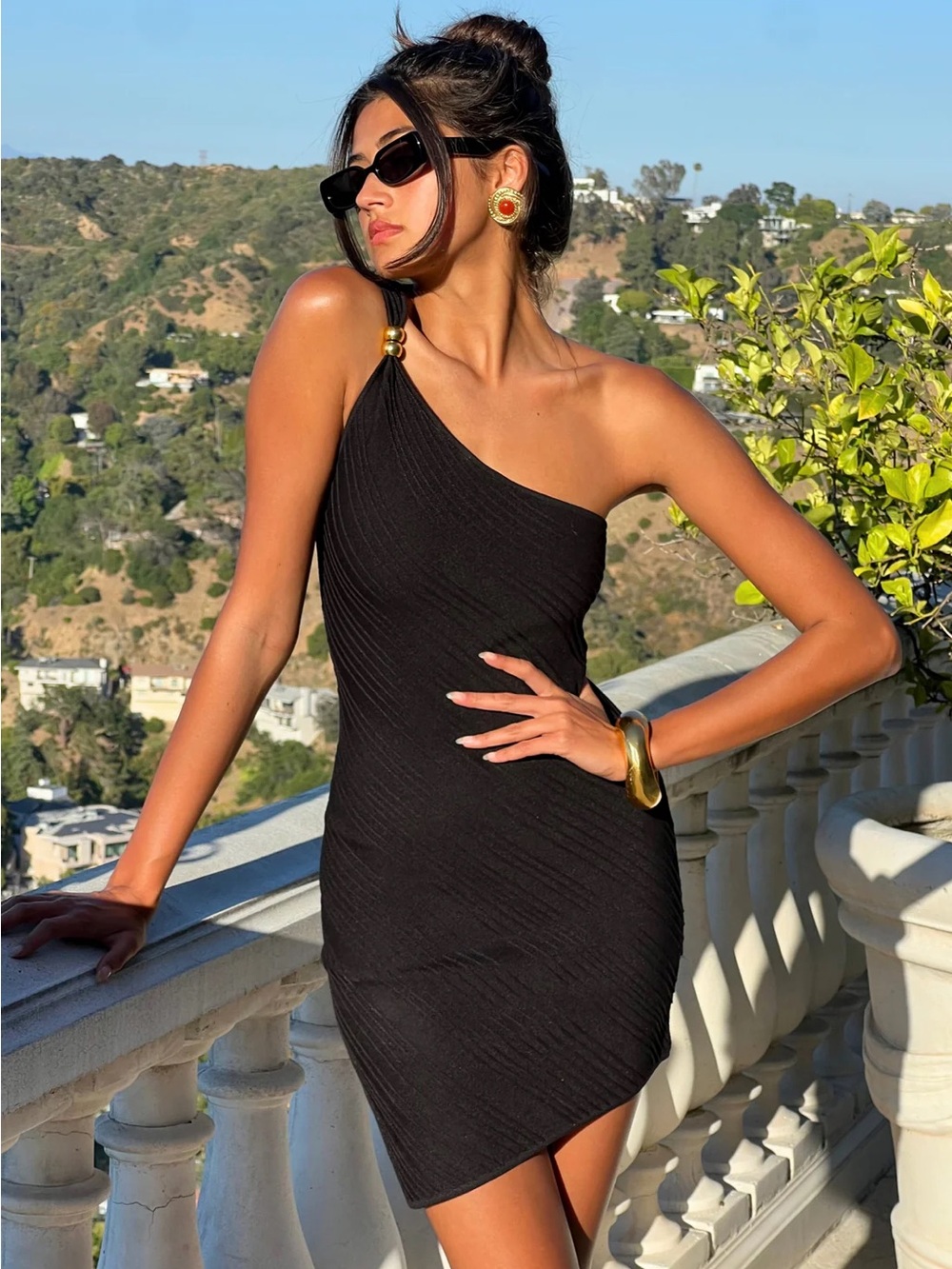 KAPRI Milan Mini Dress Black Knit One Shoulder Ribbed Bodycon Size S NWT